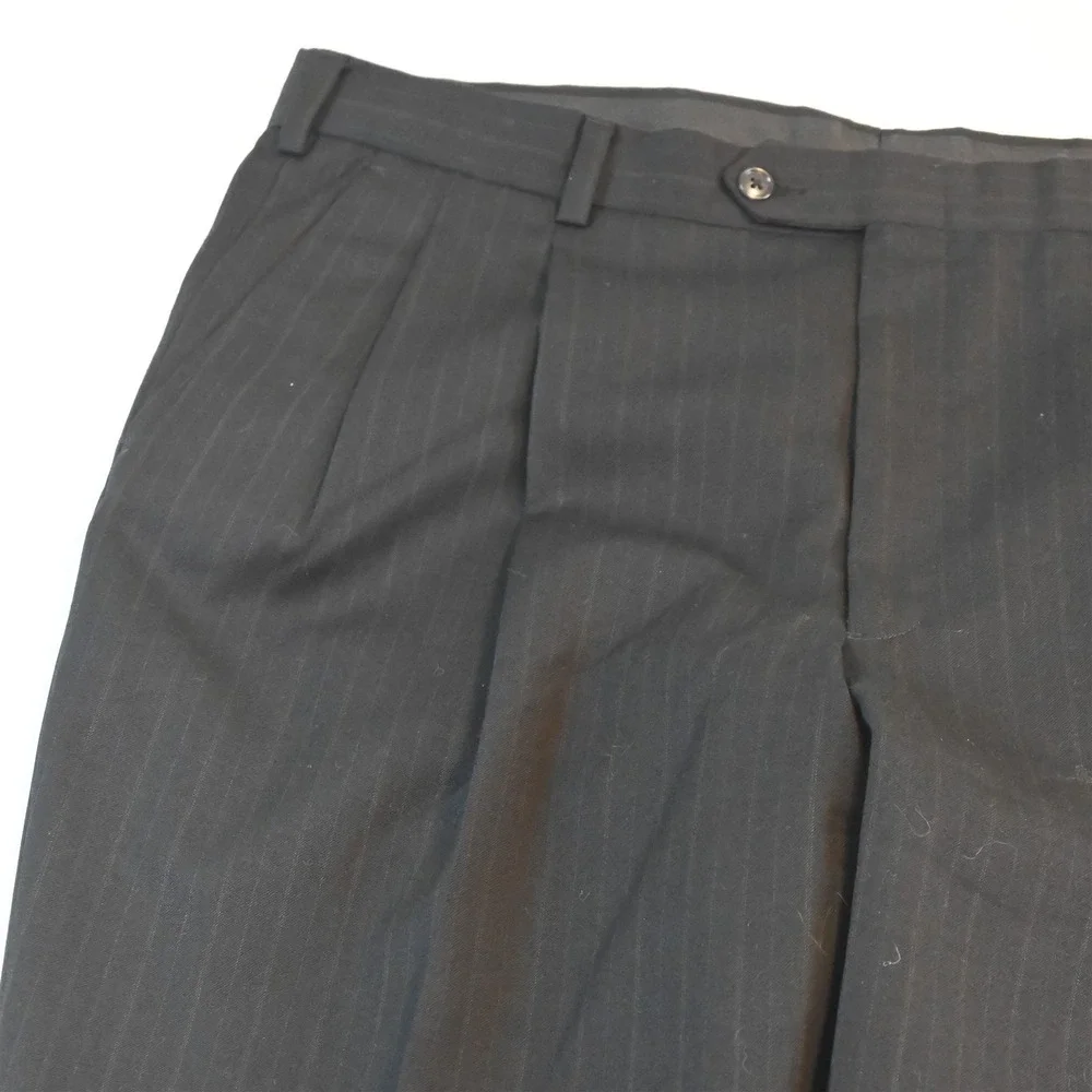 Vtg USA Made Double Breasted 44R 38x30 Black Striped 100% Wool Jacket Pants Suit